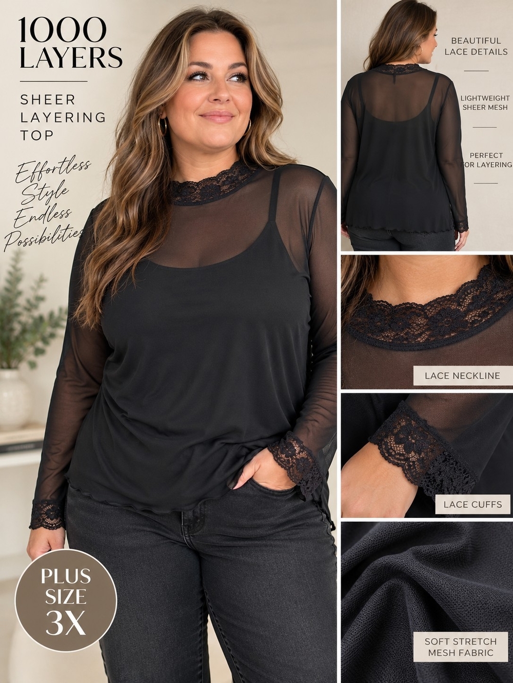 1000 Layers 3X Black Sheer Mesh Lace Trim Long Sleeve Layering Top Plus Size